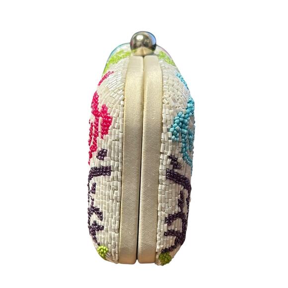 Moyna White Multicolor Printed Beaded Box Clutch / Crossbody Evening Bag - Picture 2 of 8